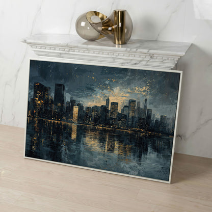 Night Cityscape Reflection Canvas Print in white floating frame