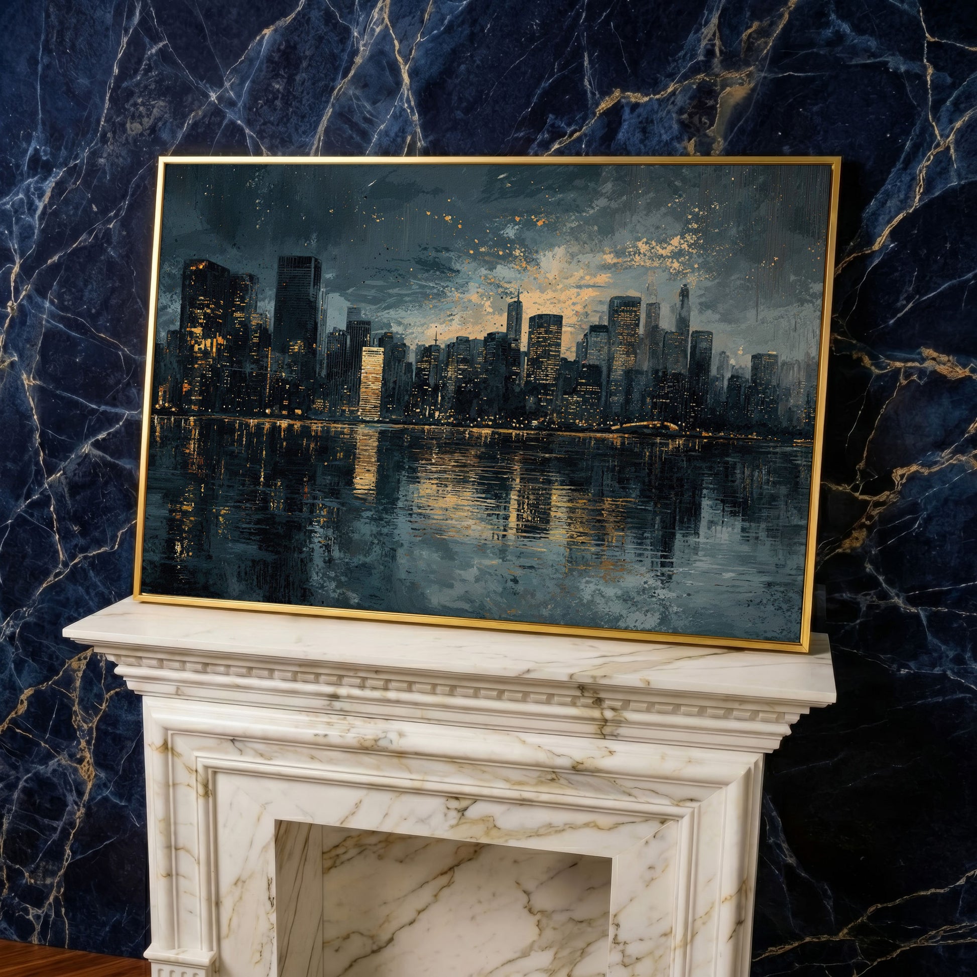 Night Cityscape Reflection Canvas Print in yellow gold floating frame
