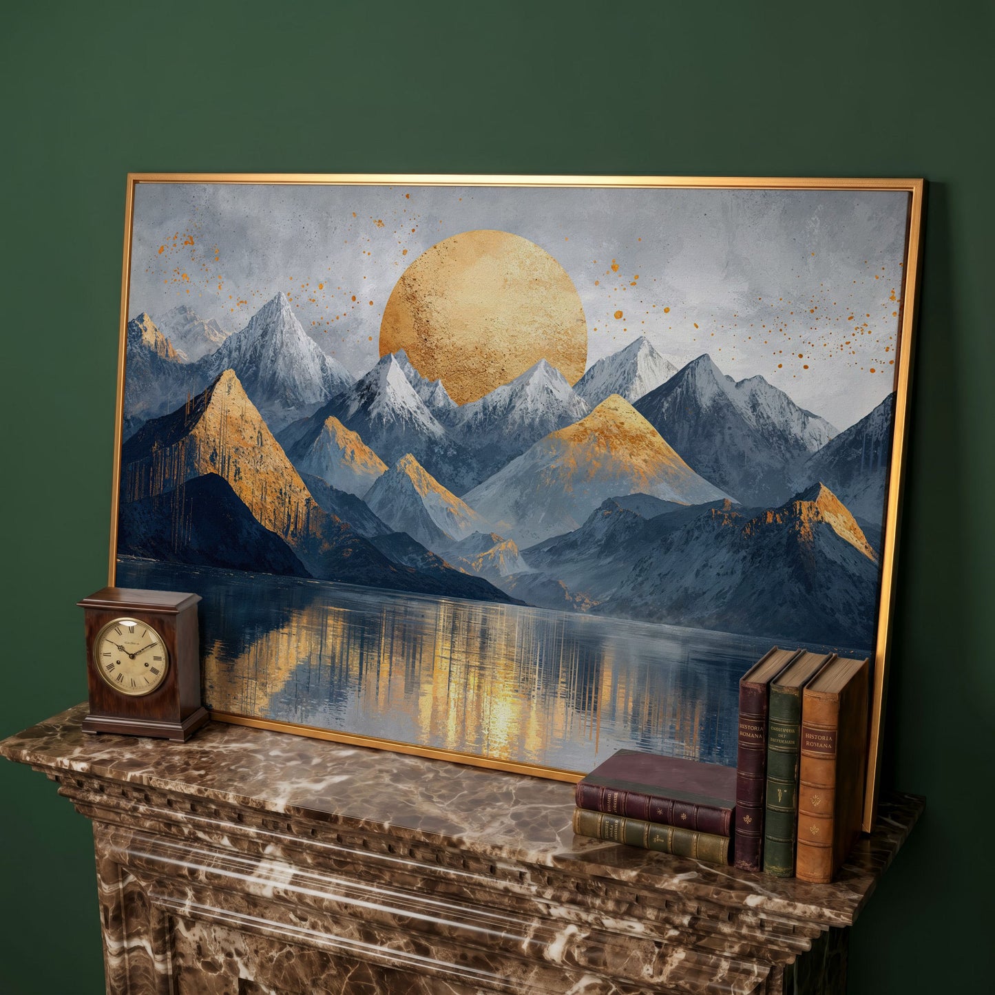 Golden Sun Mountain Landscape Canvas in antique gold floating frame
