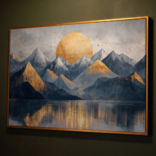 Golden Sun Mountain Landscape Canvas shown in antique gold floating frame