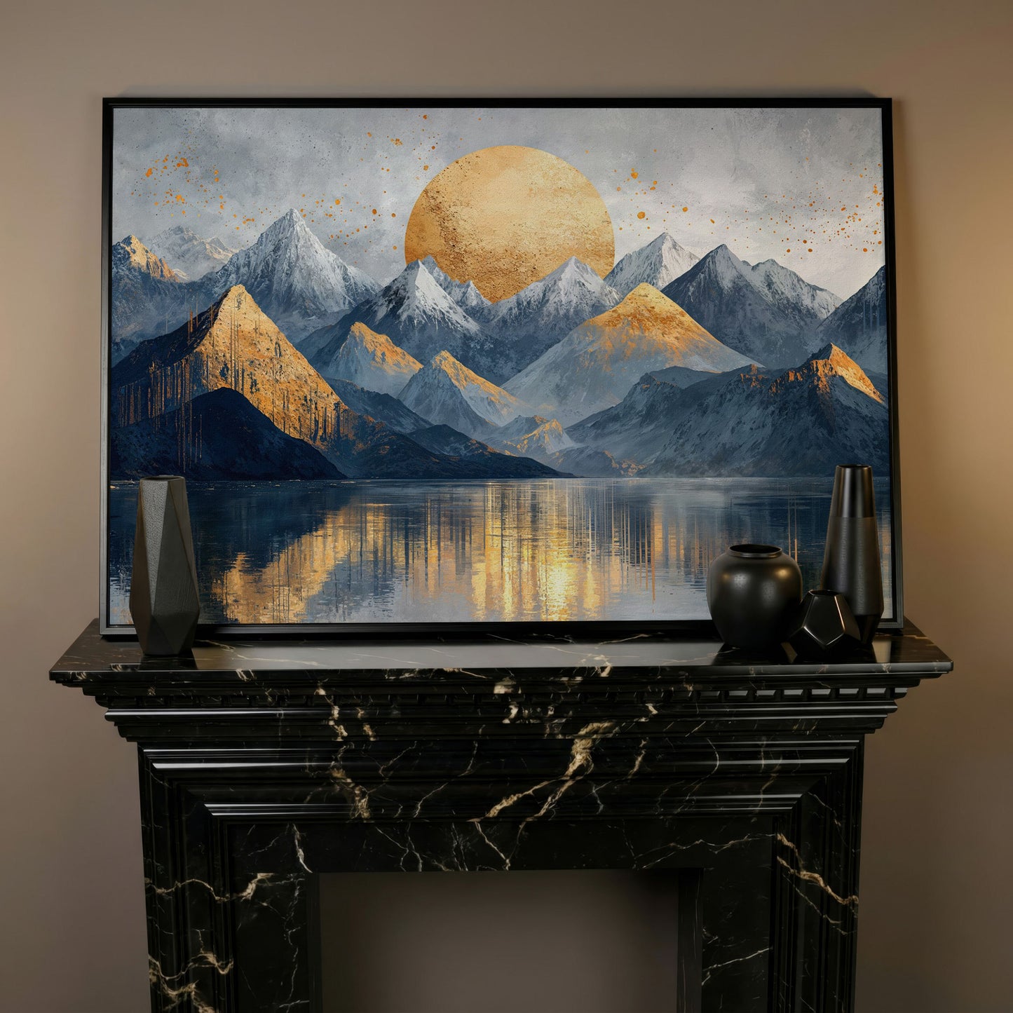 Golden Sun Mountain Landscape Canvas in black floating frame
