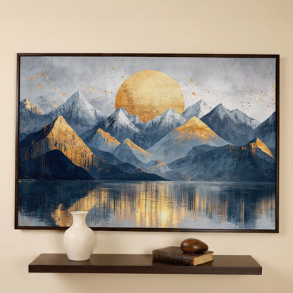 Golden Sun Mountain Landscape Canvas in dark walnut floating frame