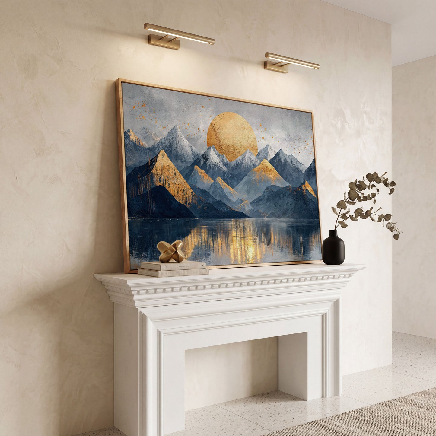 Golden Sun Mountain Landscape Canvas in white oak floating frame