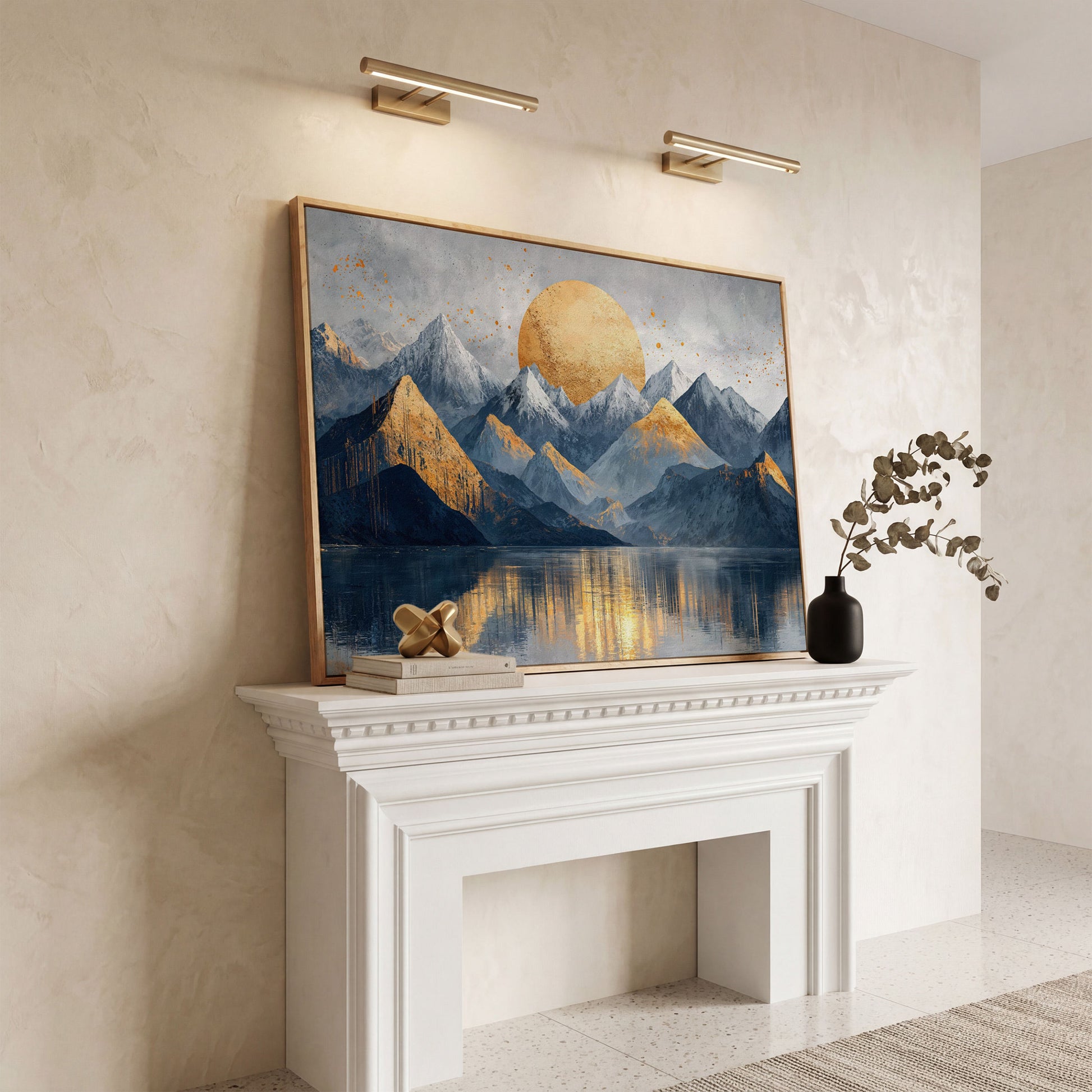Golden Sun Mountain Landscape Canvas in white oak floating frame