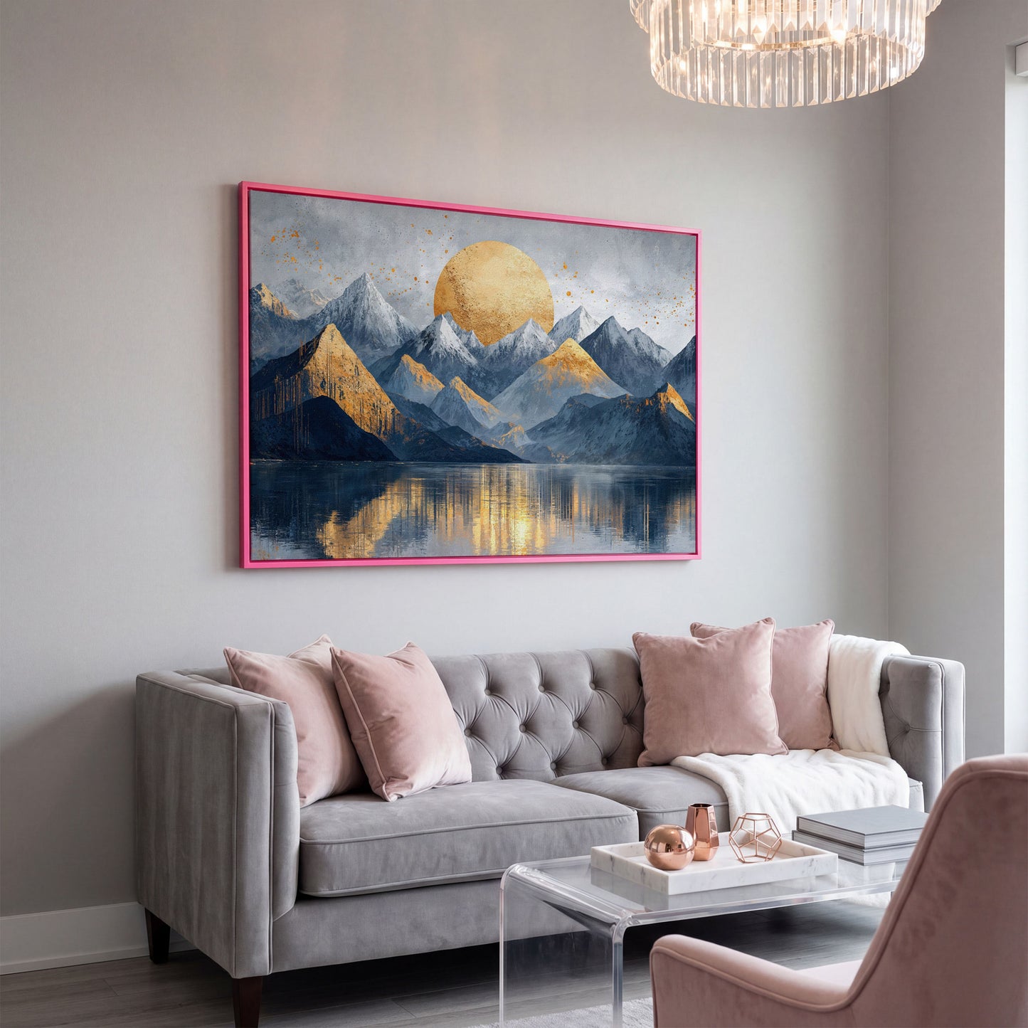 Golden Sun Mountain Landscape Canvas in pink floating frame