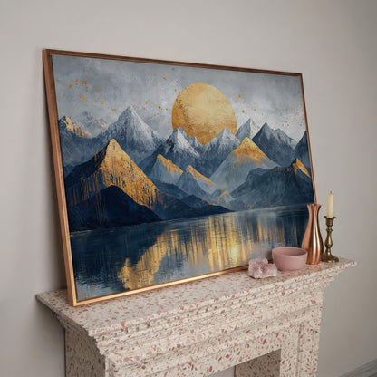 Golden Sun Mountain Landscape Canvas in rose gold floating frame