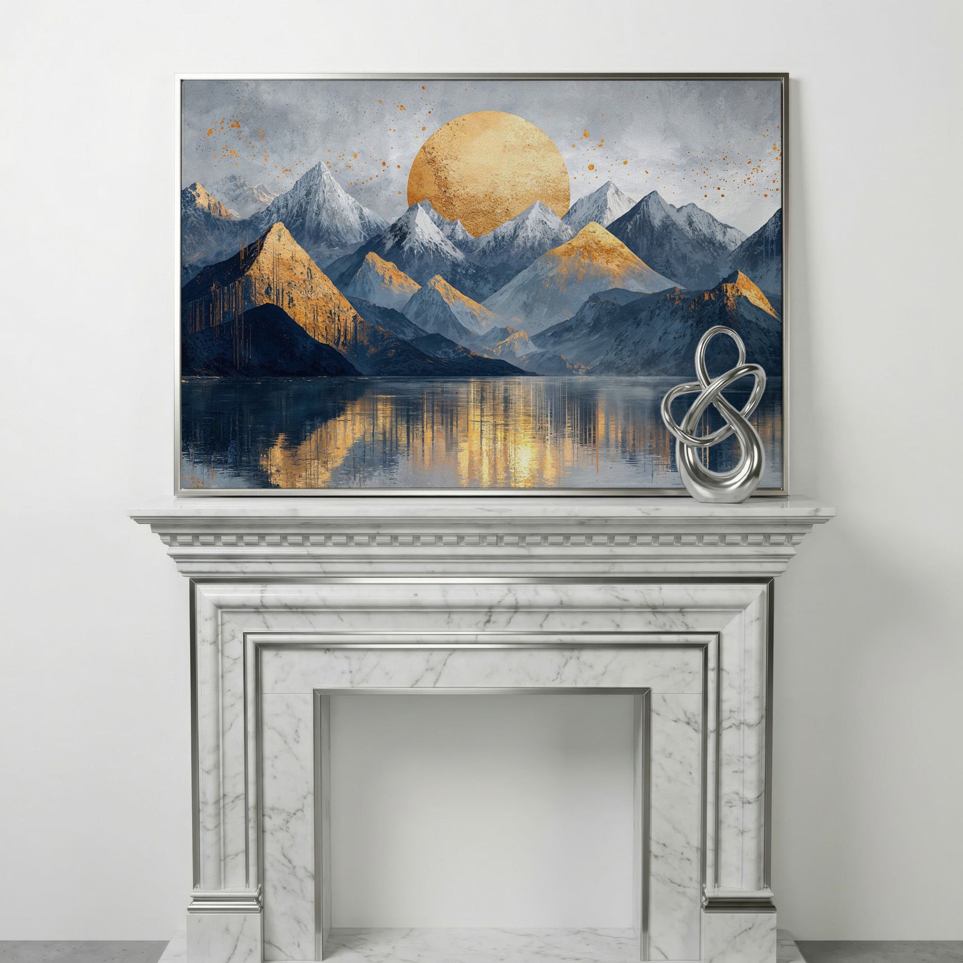 Golden Sun Mountain Landscape Canvas in silver floating frame