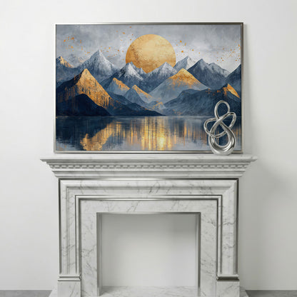 Golden Sun Mountain Landscape Canvas in silver floating frame