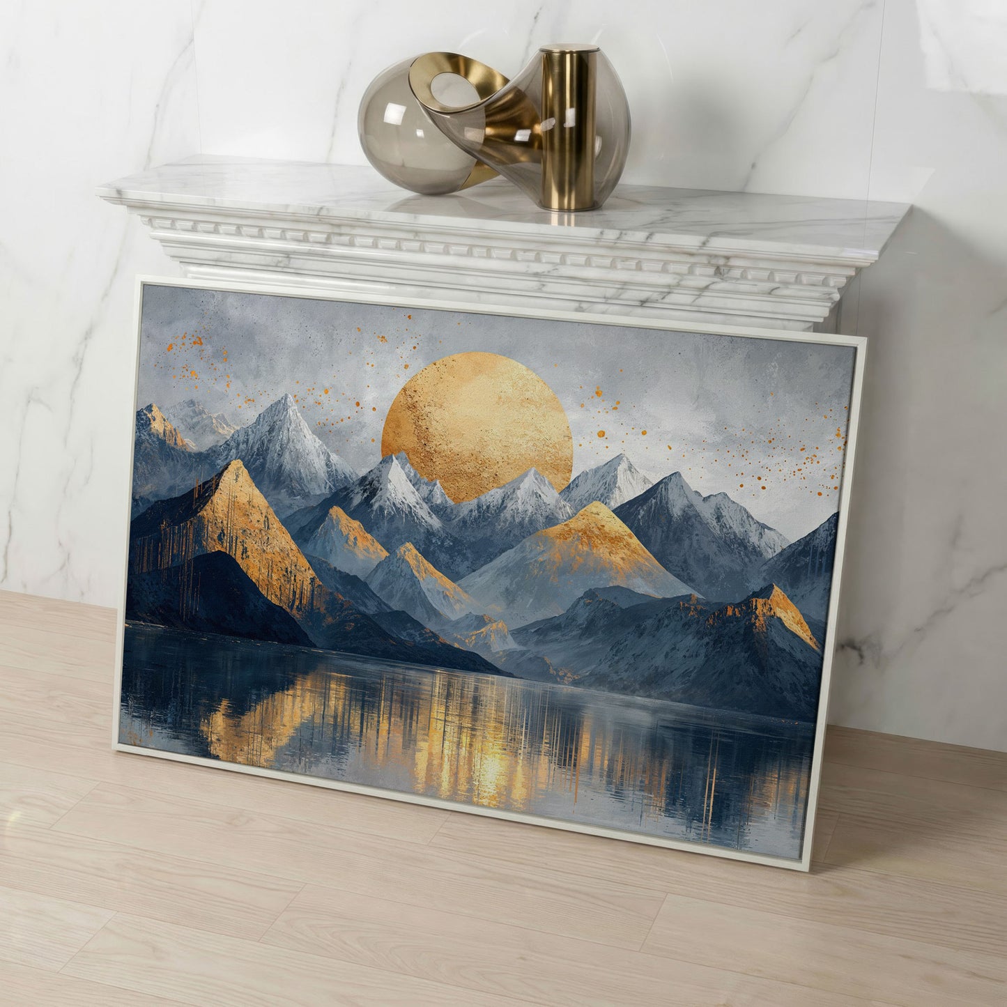 Golden Sun Mountain Landscape Canvas in white floating frame