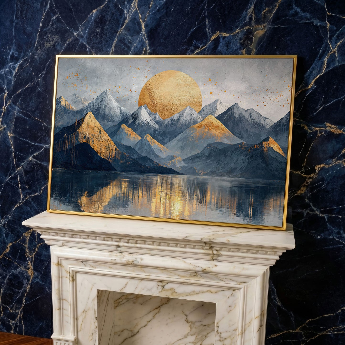Golden Sun Mountain Landscape Canvas in yellow gold floating frame