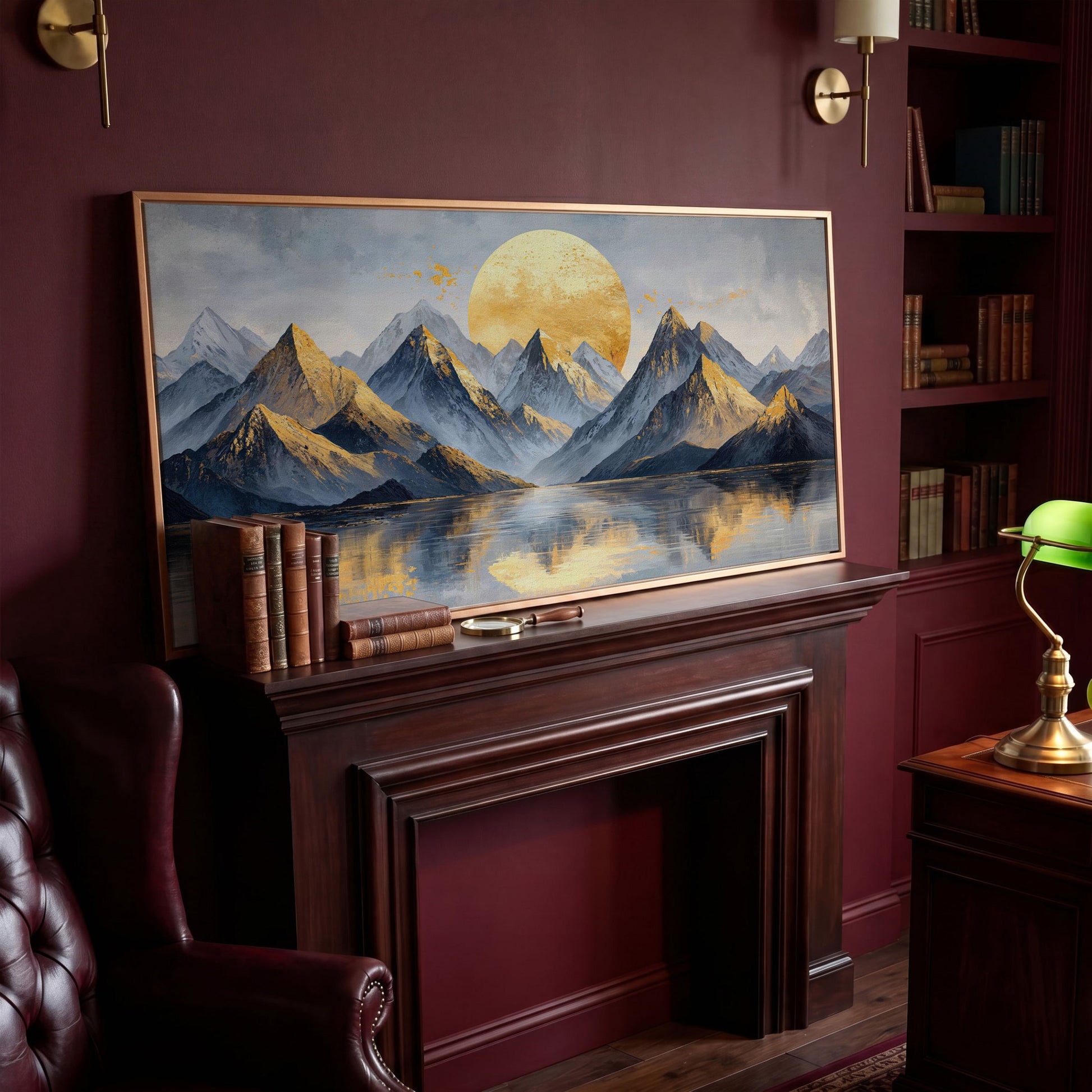 Golden Sun and Majestic Mountains Canvas in antique gold floating frame