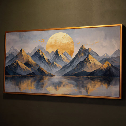 Golden Sun and Majestic Mountains Canvas shown in antique gold floating frame