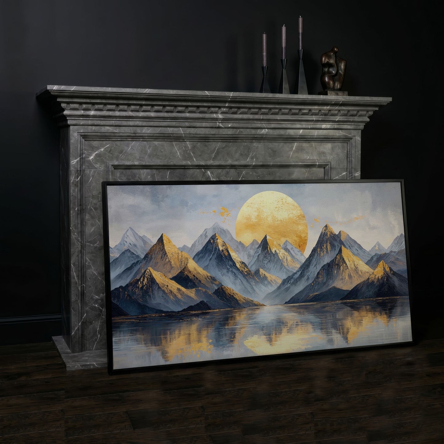 Golden Sun and Majestic Mountains Canvas in black floating frame