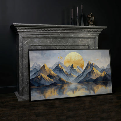 Golden Sun and Majestic Mountains Canvas in black floating frame