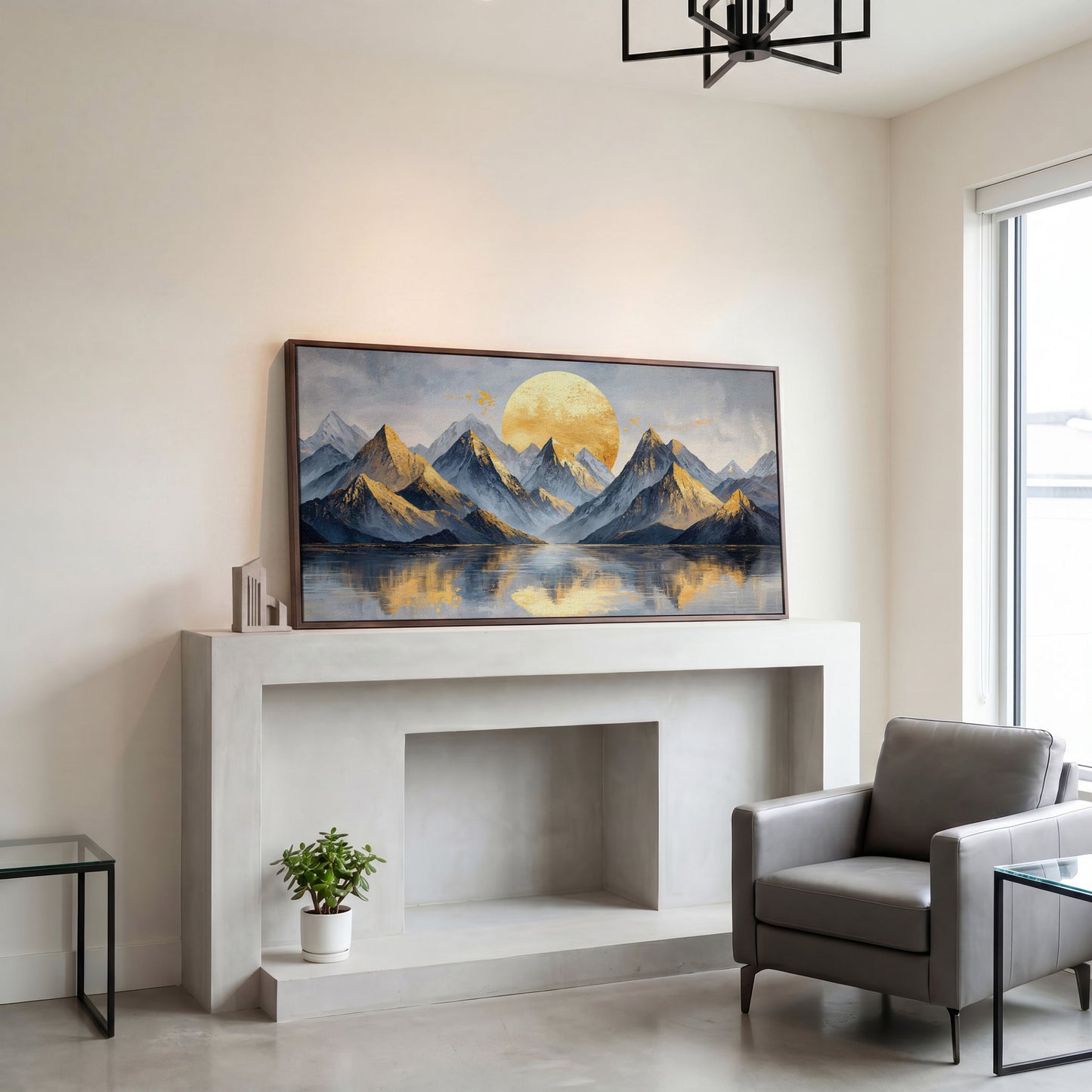 Golden Sun and Majestic Mountains Canvas in dark walnut floating frame