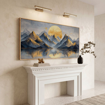 Golden Sun and Majestic Mountains Canvas in white oak floating frame