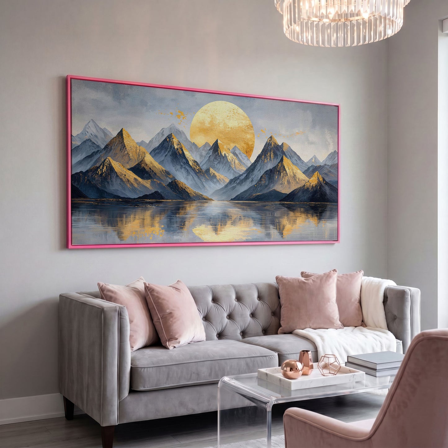 Golden Sun and Majestic Mountains Canvas in pink floating frame