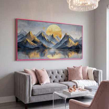 Golden Sun and Majestic Mountains Canvas in pink floating frame