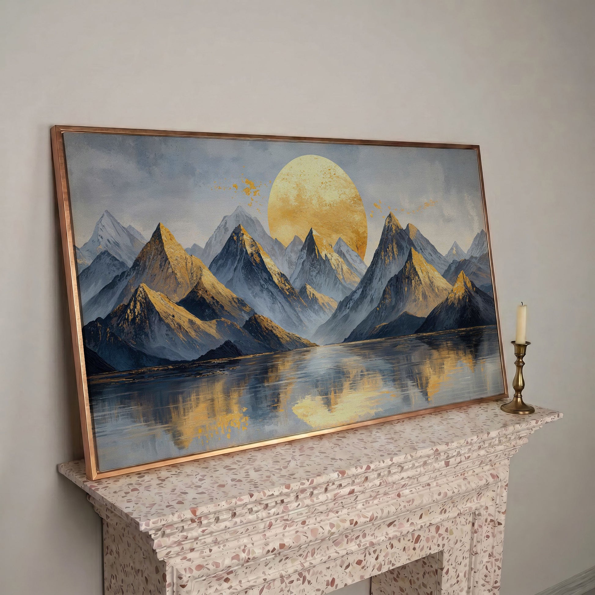 Golden Sun and Majestic Mountains Canvas in rose gold floating frame