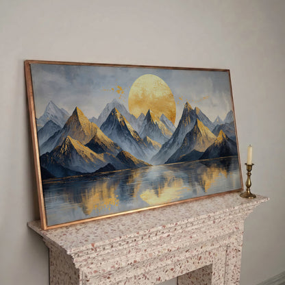 Golden Sun and Majestic Mountains Canvas in rose gold floating frame