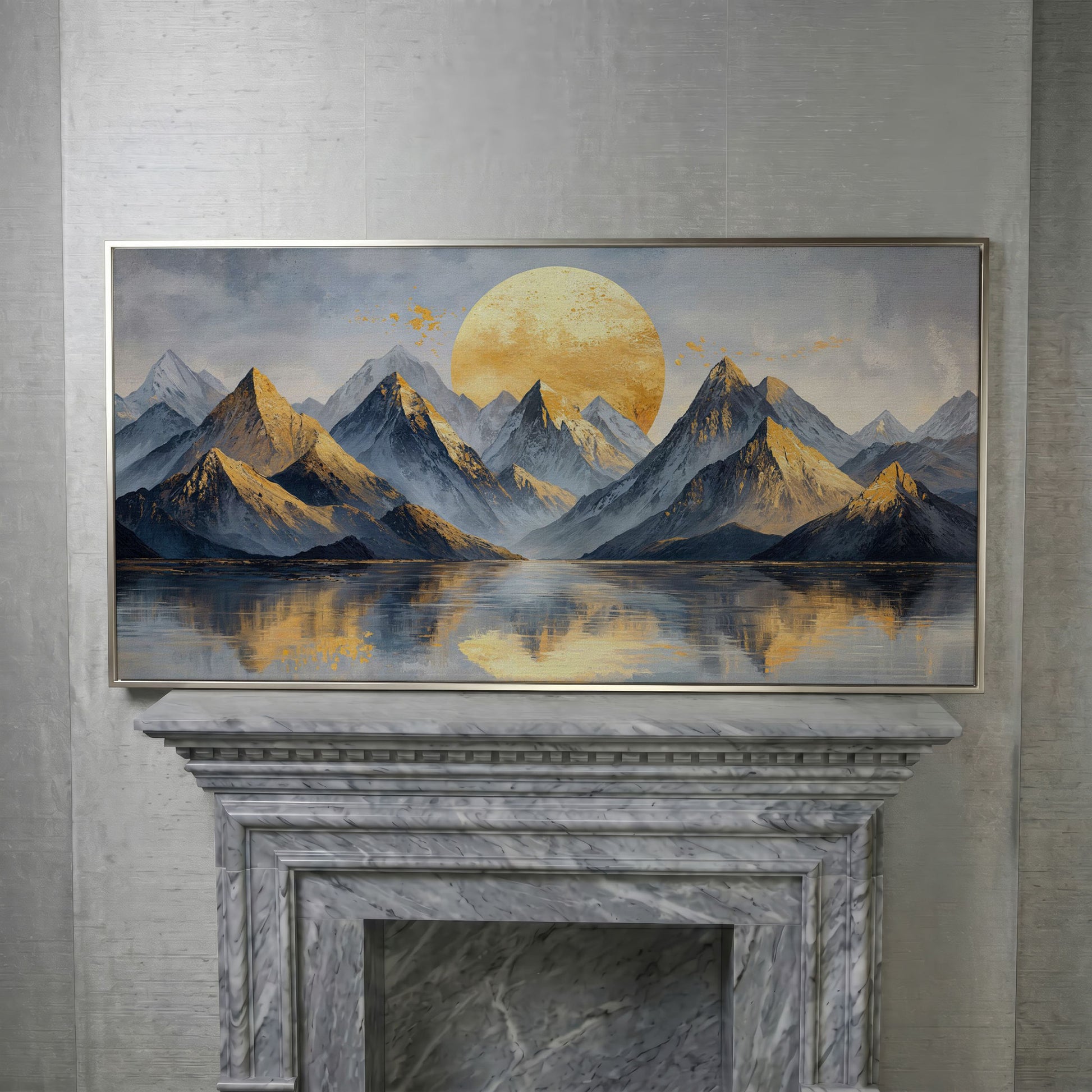 Golden Sun and Majestic Mountains Canvas in silver floating frame