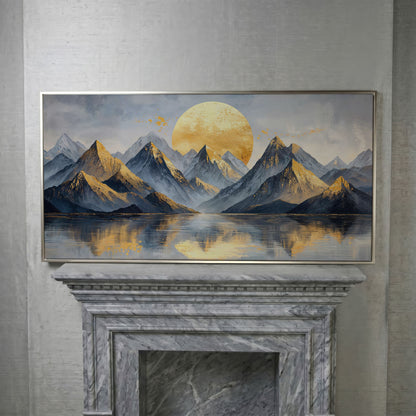 Golden Sun and Majestic Mountains Canvas in silver floating frame