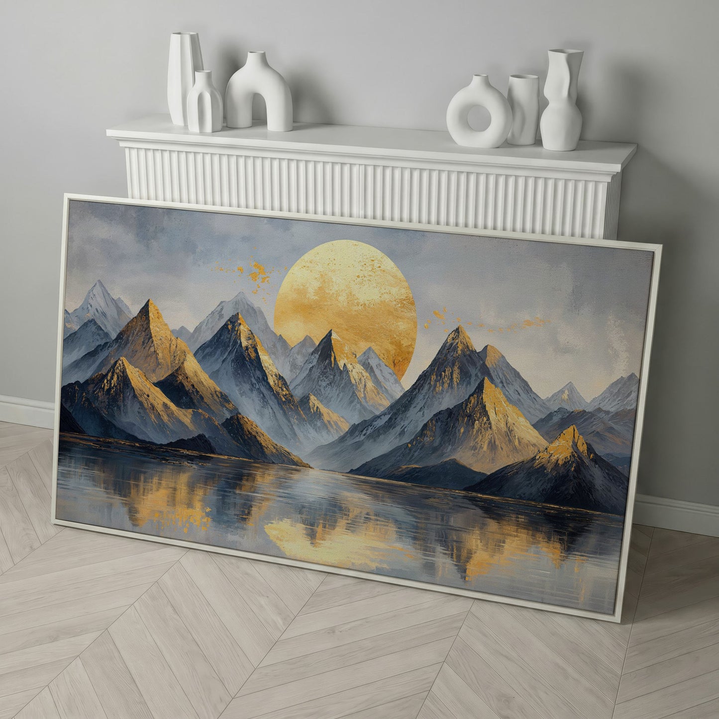Golden Sun and Majestic Mountains Canvas in white floating frame