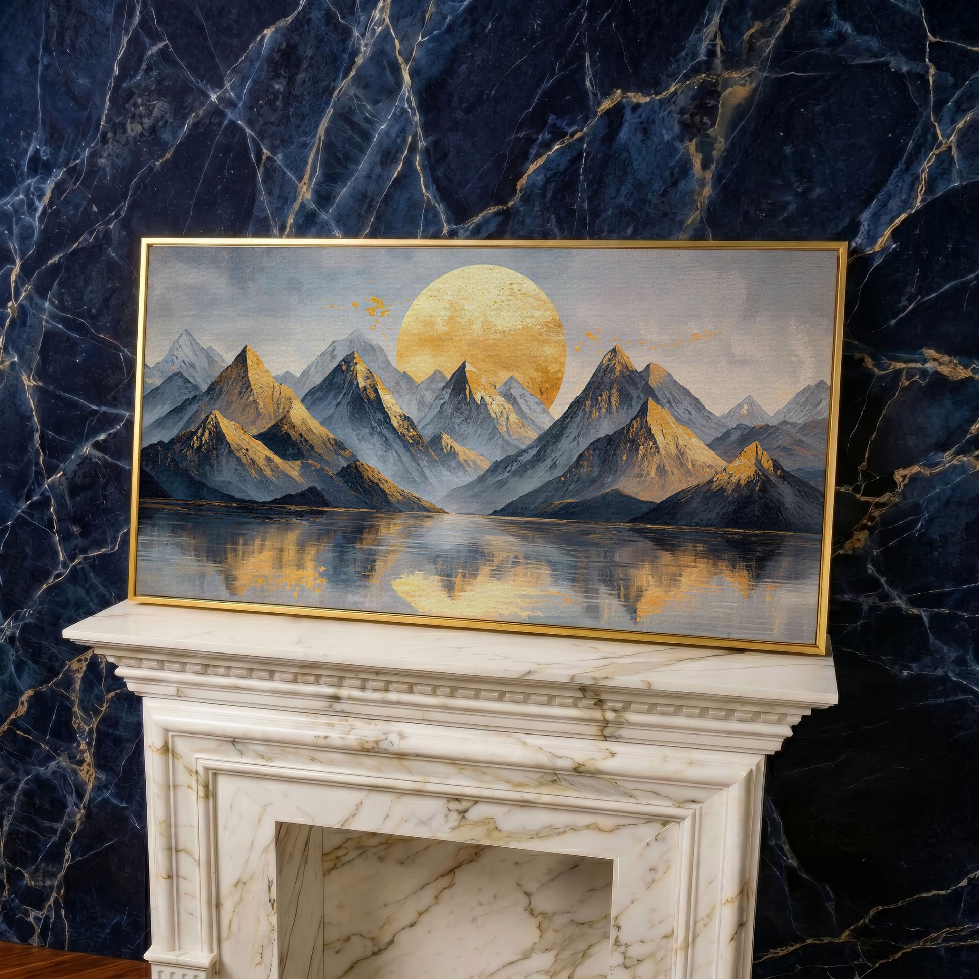 Golden Sun and Majestic Mountains Canvas in yellow gold floating frame