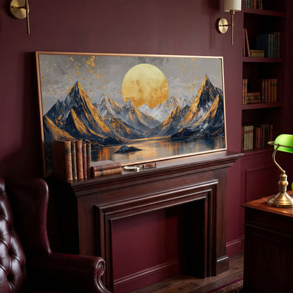 Sun and Mountain Peaks Canvas in antique gold floating frame