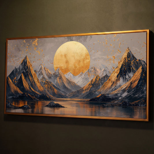 Sun and Mountain Peaks Canvas shown in antique gold floating frame