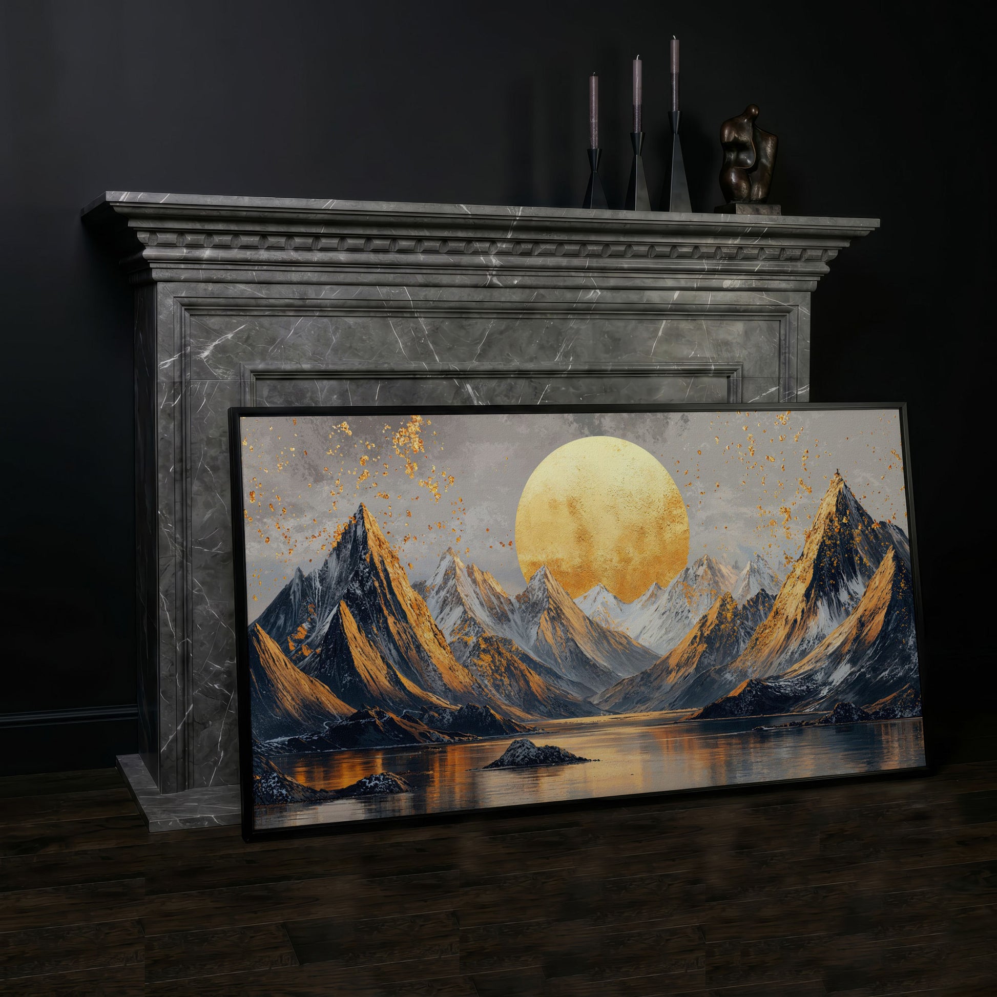 Sun and Mountain Peaks Canvas in black floating frame