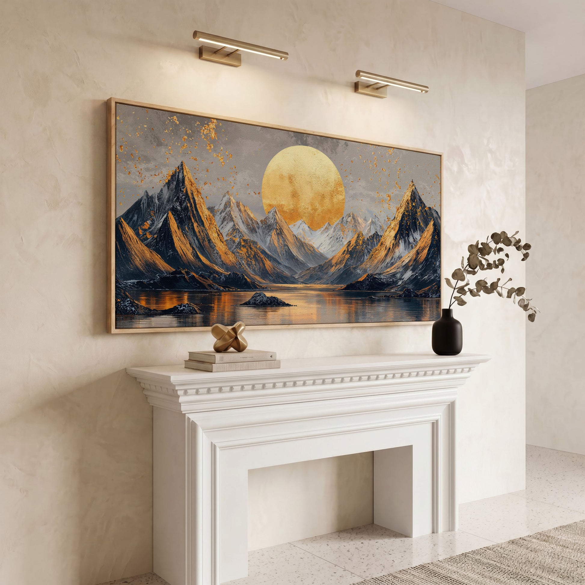Sun and Mountain Peaks Canvas in white oak floating frame