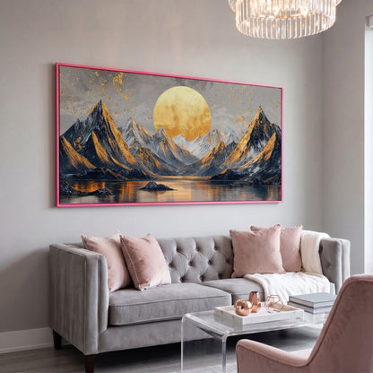 Sun and Mountain Peaks Canvas in pink floating frame