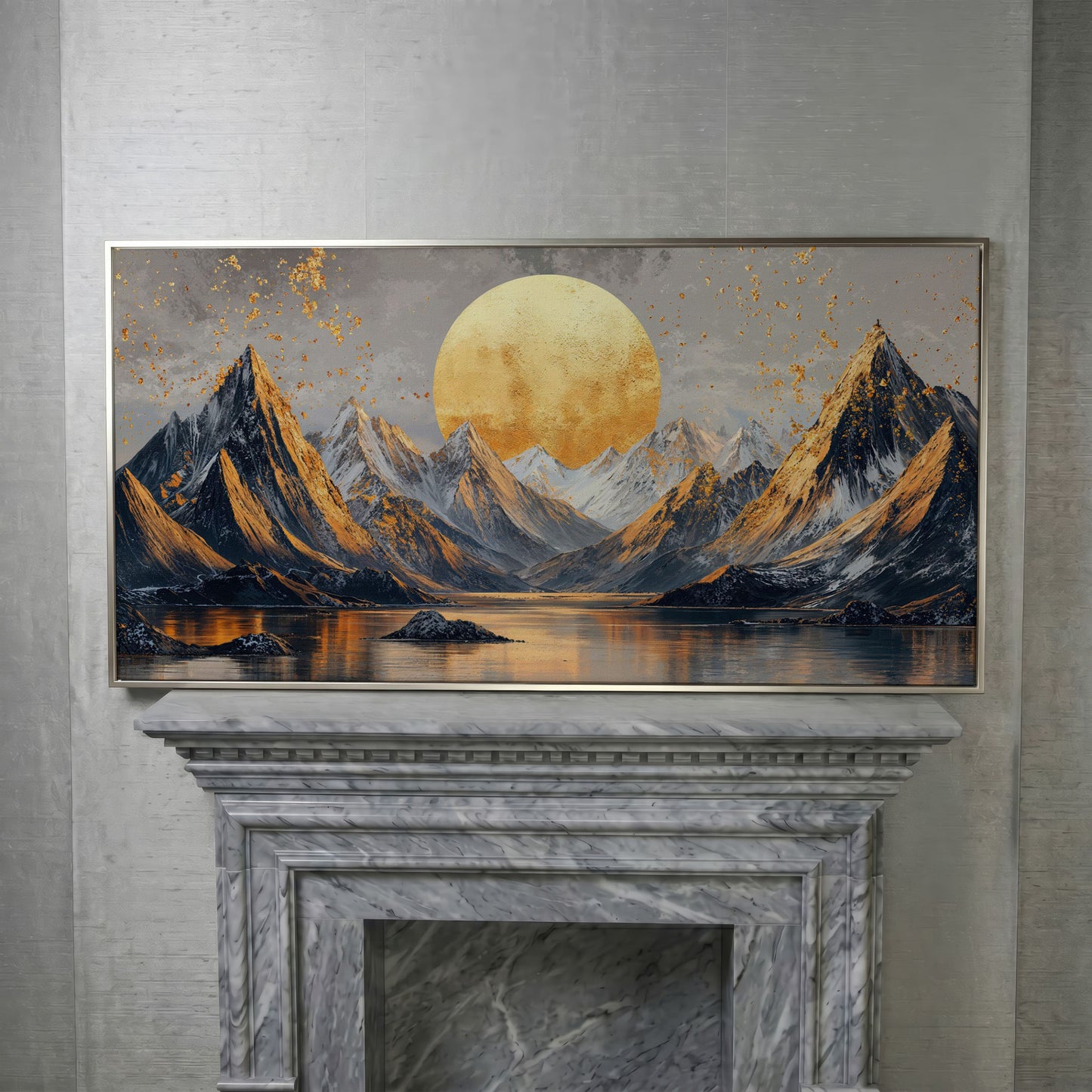 Sun and Mountain Peaks Canvas in silver floating frame