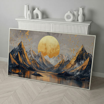Sun and Mountain Peaks Canvas in white floating frame