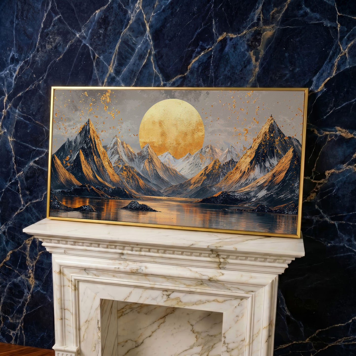 Sun and Mountain Peaks Canvas in yellow gold floating frame
