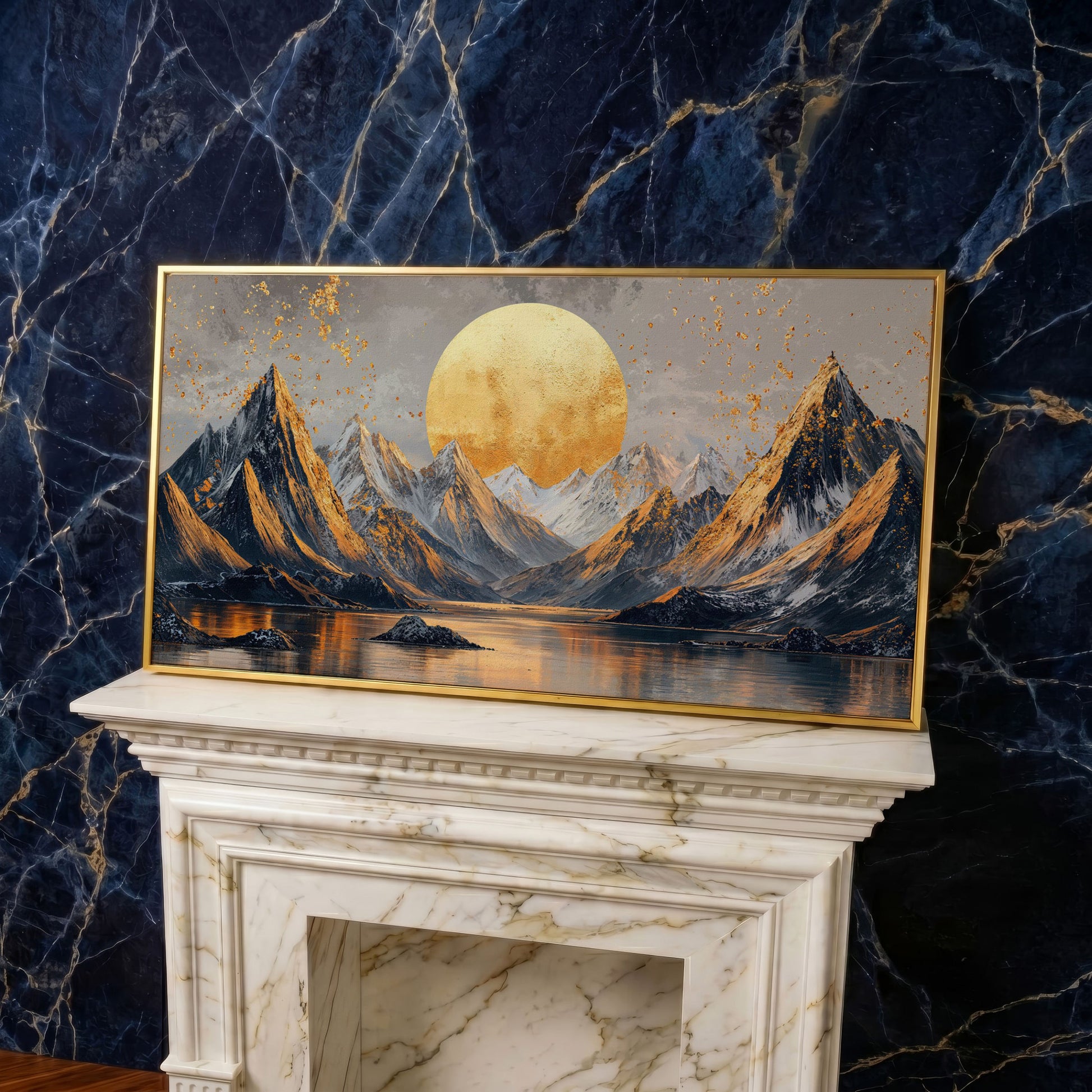 Sun and Mountain Peaks Canvas in yellow gold floating frame