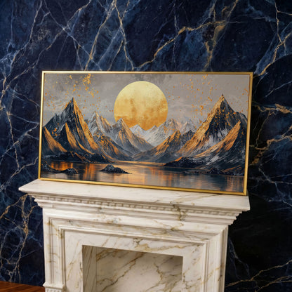 Sun and Mountain Peaks Canvas in yellow gold floating frame