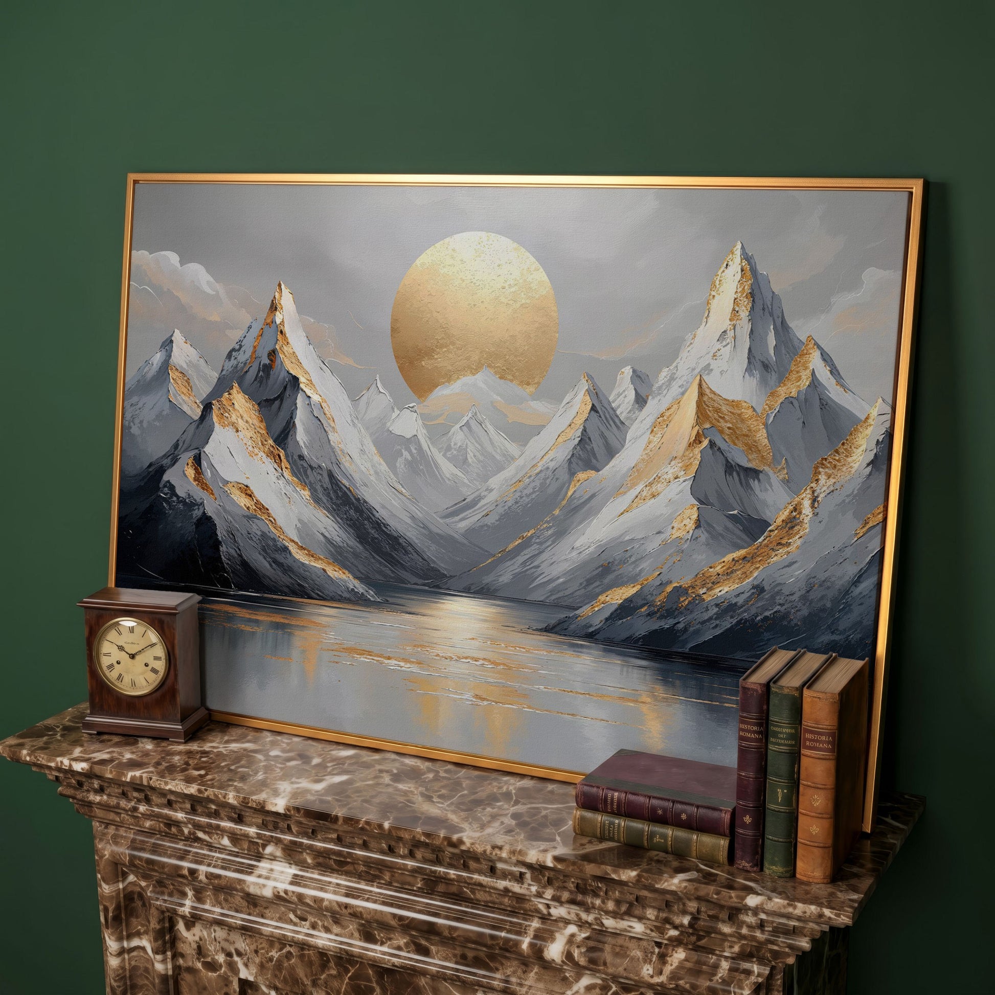 Sun Over Mountains Abstract Landscape Canvas in antique gold floating frame
