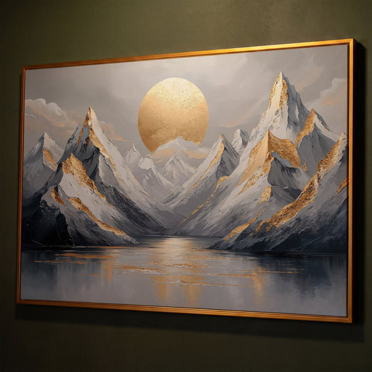 Sun Over Mountains Abstract Landscape Canvas shown in antique gold floating frame