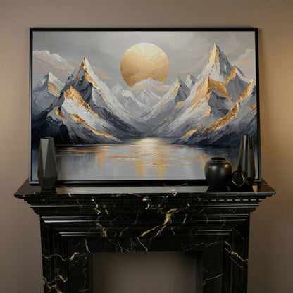 Sun Over Mountains Abstract Landscape Canvas in black floating frame