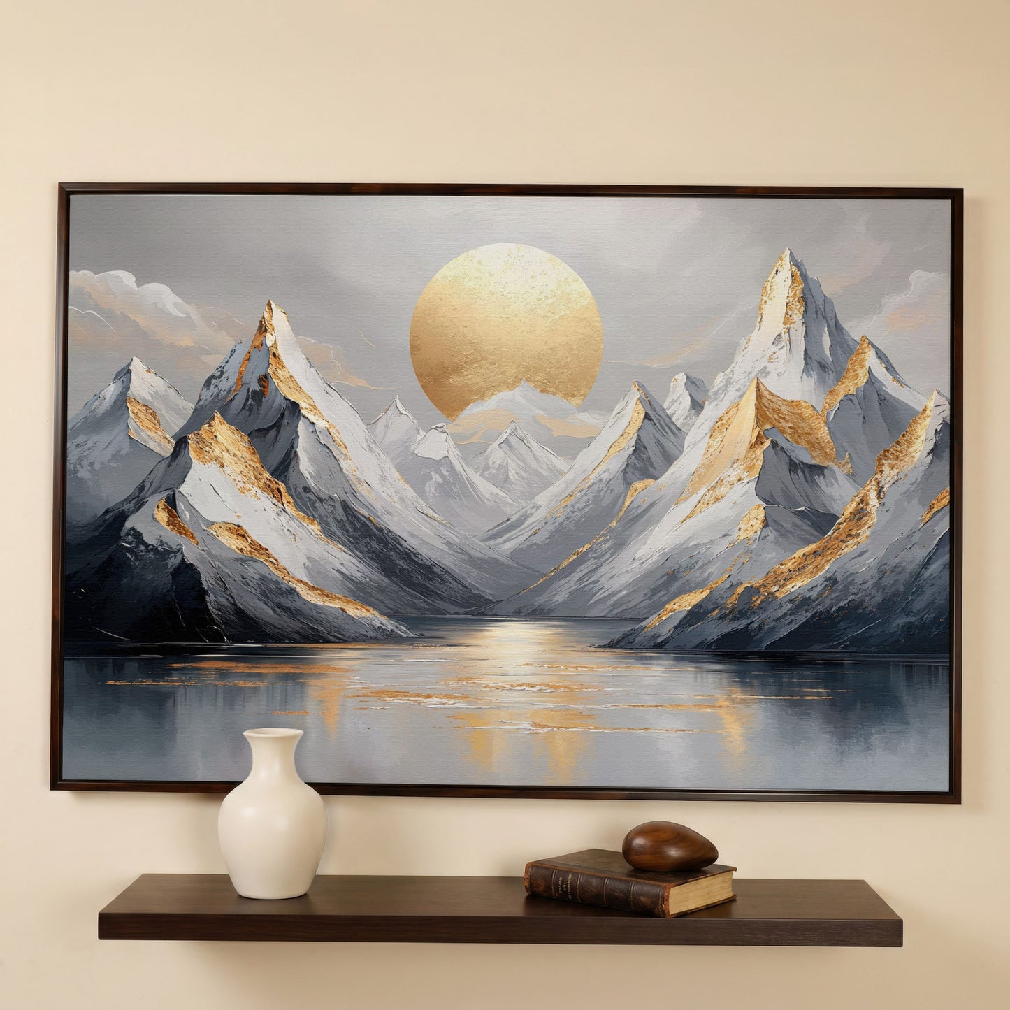 Sun Over Mountains Abstract Landscape Canvas in dark walnut floating frame