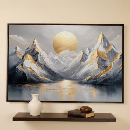 Sun Over Mountains Abstract Landscape Canvas in dark walnut floating frame