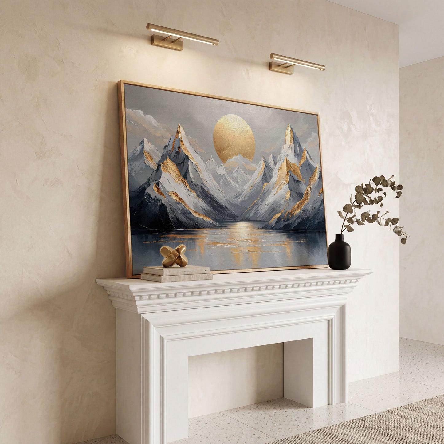 Sun Over Mountains Abstract Landscape Canvas in white oak floating frame