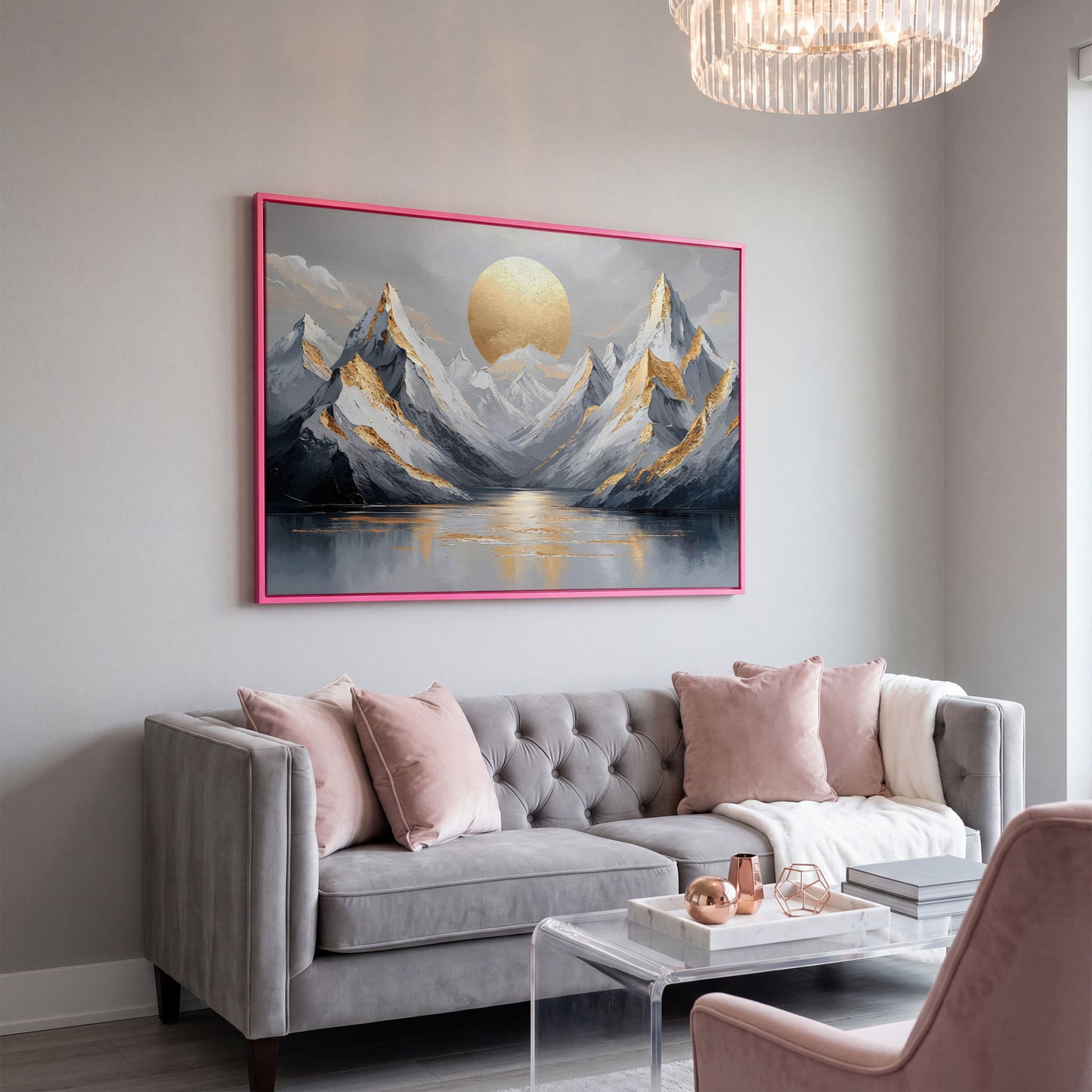 Sun Over Mountains Abstract Landscape Canvas in pink floating frame