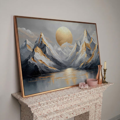 Sun Over Mountains Abstract Landscape Canvas in rose gold floating frame