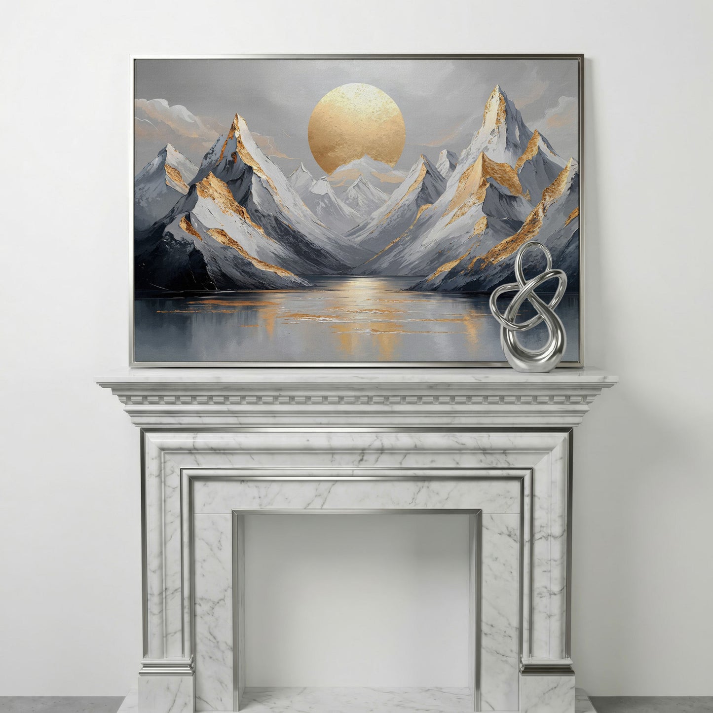Sun Over Mountains Abstract Landscape Canvas in silver floating frame