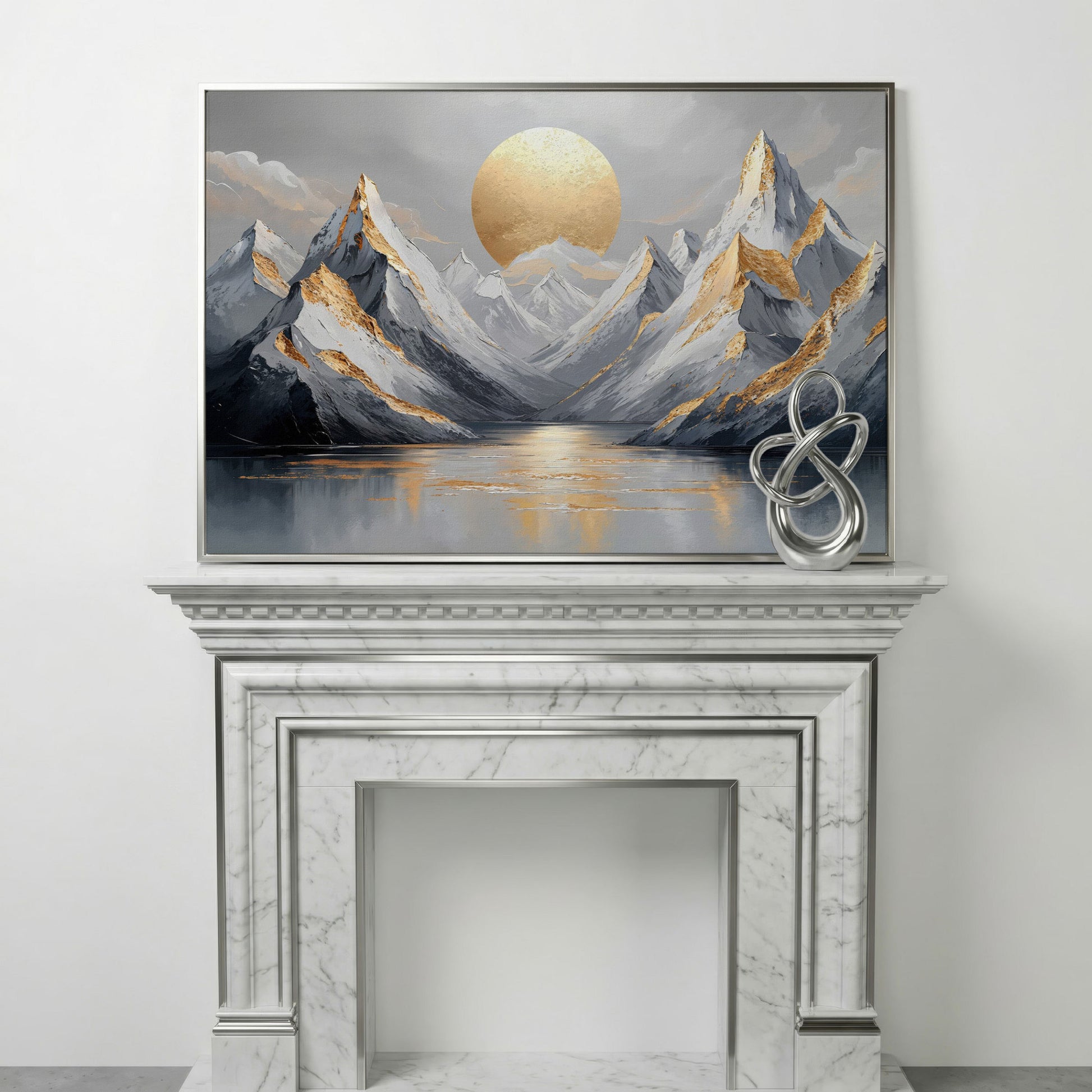 Sun Over Mountains Abstract Landscape Canvas in silver floating frame