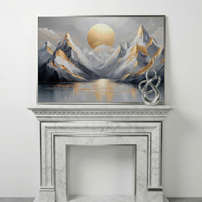 Sun Over Mountains Abstract Landscape Canvas in silver floating frame