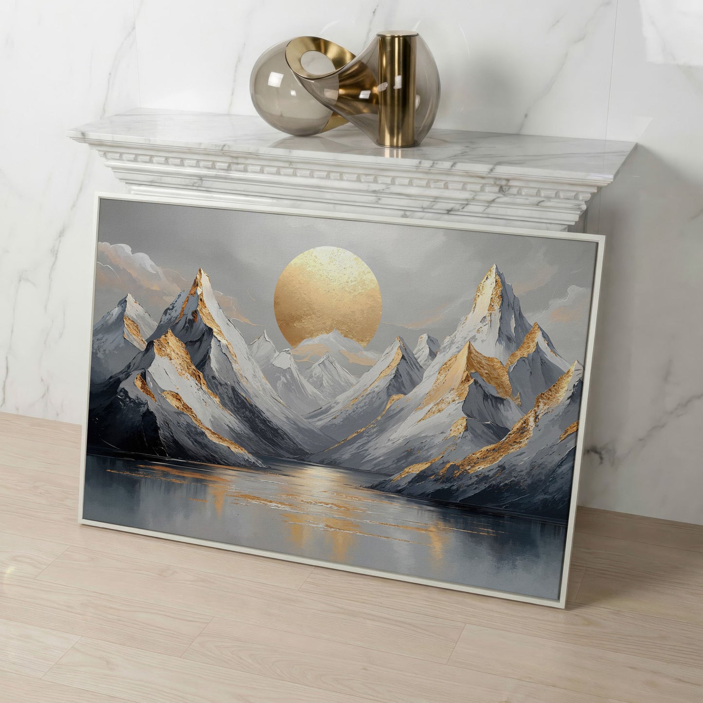 Sun Over Mountains Abstract Landscape Canvas in white floating frame